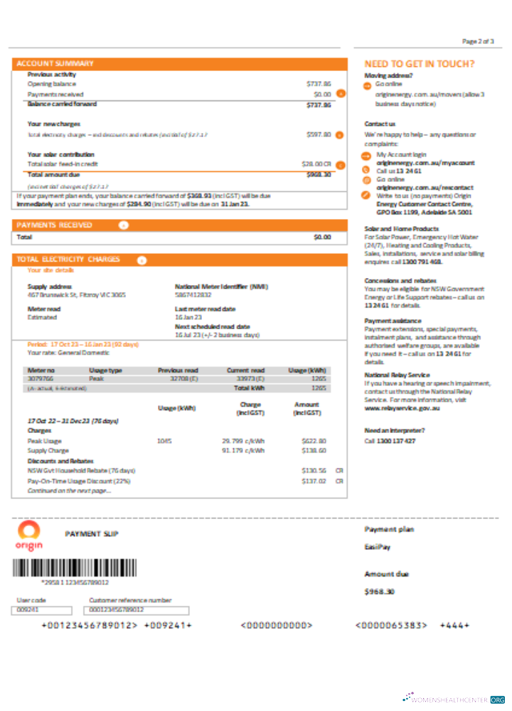 Download New South Wales (NSW) Origin electricity utility business bill, SCR, page 2 Photoshop template